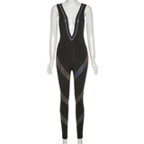 v-neck sexy sleeveless women jumpsuits reflective striped patchwork active wear stretchy sporty fashion