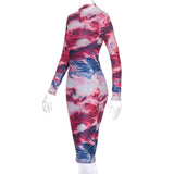 2020 print tie dye long sleeve colorful sexy midi dress women bodycon party streetwear outfits