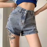 X00369M Women's new sexy irregular chain slit high waist jeans casual shorts hot pants