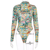 X00757C Backless Tie Dye Print Women Bodysuit Long Sleeve Fashion Sexy Party One Piece Romper 2021 Bodycon Clubwear Bodysuits