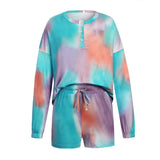 X00554M long sleeve fashion two piece tie-dye printed ladies home suit long-sleeved blouse and shorts two-piece set