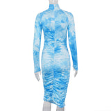 Tie Dye Ruched Club Women Bodycon Dresses Long Sleeve Fashion 2020 Skinny Party Midi Dress Sexy Slim Basic Female