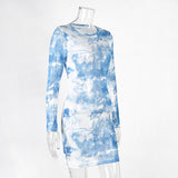 2020 new Tie-dye round neck long sleeve sexy see-through bodycon dress women lady elegant