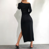 2020 New irregular sexy oblique shoulder-split bag hip high waist MIDI dress black in stock