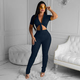 X00042L 2021 Hot Sale Navel Exposed & Chest Wrap Sets Pure Color Two Piece Top and Pants Set Sexy Low-Cut Fashion Club Outfits