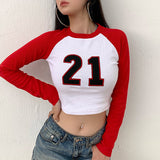 X00622M 2021 Autumn hot selling women's new digital printing color contrast slim sexy navel casual sport T-shirt