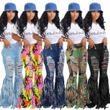 X00639M Casual flared trousers for women with fringed mottled denim shorts