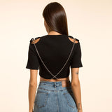 X00069S 2021 Pure color pit sexy hollow out chain slim womens crop top tshirt