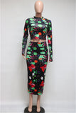 X00504M Women's long-sleeve dress graffiti print two-piece long-sleeve dress suit