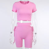 X01416C tracksuit women casual ribbed sporty solid matching set short sleeve+bandage hollow out biker shorts stretchy slim