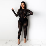 2020 wholesale workout 2020 mesh see-through color striped one piece jumpsuit