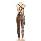 Tiger print long sleeve bandage sexy jumpsuit women streetwear slim outfits club backless fitness Sports Jumpsuits