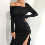 2020 New irregular sexy oblique shoulder-split bag hip high waist MIDI dress black in stock