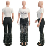 X00639M Casual flared trousers for women with fringed mottled denim shorts