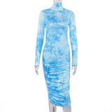 Tie Dye Ruched Club Women Bodycon Dresses Long Sleeve Fashion 2020 Skinny Party Midi Dress Sexy Slim Basic Female