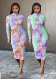 Fall tie-dye printed sexy commuter dress