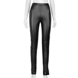 X01585C Phoenix Faux PU Leather Women Pencil Pants Side Split Skinny Bodycon High Waist Tight Trouser Black Fashion Fall 2021