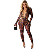 X01051M Sexy deep V-neck women's bodysuit Long sleeves fashion two pieces set Skinny high-elastic outfit in stock