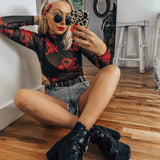 X01053C Transparent Sexy Mesh Bodysuit New Arrival Long Sleeve Dragon Print Body Mujer Rompers Womens Jumpsuit Summer