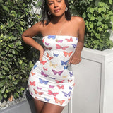 Butterfly Print Strapless Women Party Dress Sexy Hot Clubwear Bodycon Skinny Wrap Chest Mini Dresses 2020 Fashion Slim