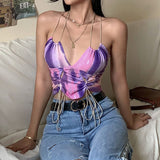 X01376C summer sexy low cut Graphics tees tassel crop tops women camisole 2021 casual club street wear tank top sweet vest