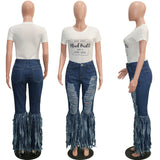 X00639M Casual flared trousers for women with fringed mottled denim shorts