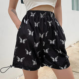 X00334M Women's butterfly print drawstring loose high-waisted slim shorts street snap sport slacks