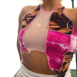 X01520C Phoenix Print Mesh Patchwork Asymmetrical Ribbed Tank Top 2021 Fashion Women Sleeveless Casual Skinny Color Match