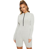 zipper v-neck sexy skinny romper women summer clothes playsuit long sleeve elastic hight solid color skinny streetwear