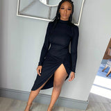 Wrap Side Split Bodycon Midi Dresses Long Sleeve for Women Fall 2020 Clothing Solid Night Partywear Skinny Dress Autumn