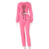 2020 new autumn/winter style fashion hollow-out lace-up long-sleeved blouse slimming body casual trouser suit