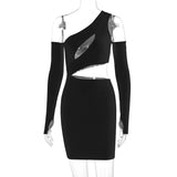 2020 autumn winter new sexy oblique shoulder hollowed-out long sleeve finger dress women in stock