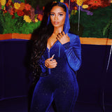 2020 Hot style Zip hooded yoga jumpsuit Velvet spots long sleeves blue one piece suit in stock