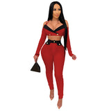 2021 hot sale Tight matching color short long sleeve condole belt crop suit casual women's 2 pieces set in stock