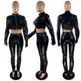 X00758L Hot sale women two-piece set + Leather cardigan zip-up casual sport suit