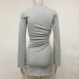 Autumn Draped Flare Sleeve Cut-Out Mini Dresses Knitting Round Neck Ruched Dress Skinny Chic Casual Streetwear