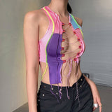 X01237C sexy hollow out women tank top striped patchwork drawstring ribbed sleeveless bandage fashion partywear fitness clothes