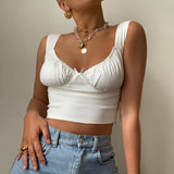 X00760C Sexy White Spaghetti Straps Low Cut Bow Ruches Crop Top 2021 Summer Women Sleeveless Camisole Top Female Skinny Bralette