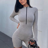 zipper v-neck sexy skinny romper women summer clothes playsuit long sleeve elastic hight solid color skinny streetwear