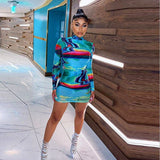 Phoenix Tie Dye Colorful Mesh See Through Print Mini Dress Women Turtleneck Long Sleeve Skinny Bodycon Casual Streetwear