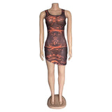 Mini Dress Print Sleeveless O-neck Elastic Skinny Above Knee Length Dresses