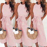 Elegant Sexy Jumpsuits Women Sleeveless Striped Jumpsuit Loose Trousers Wide Leg Pants Rompers Belted Overalls