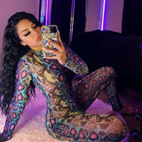 Phoenix Hot style women jumpsuits+Serpentine print long sleeve onesie+Hip print sexy jumpsuit