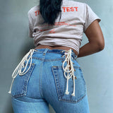 X00598L Phoenix Fashion Tie Lace Up Sexy High Waist Jeans Women Pencil Pants for Women Skinny Blue Jeans Harajuku Streetwear