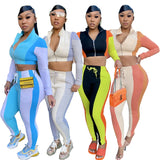 X01625C Phoenix Color Match Two Piece Sets Women Streetwear 2021 Workout Turtleneck Zipper Top And Bandage Pants Active Casual