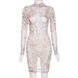 The new 2021 Autumn round neck and long sleeve see-through gauze print and slim figure women's dress