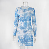 2020 new Tie-dye round neck long sleeve sexy see-through bodycon dress women lady elegant