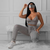 Two Piece Set Drawstring Off Shoulder Tracksuit Bodycon Crop Top Long Pants Women Suits