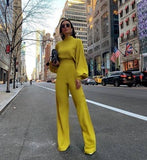 Fall Jumpsuit Women Wide Leg Long Jumpsuits 2020 Elegant Office Lady Work Casual High Neck Lantern Sleeve Overall