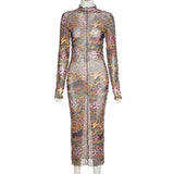 2020 autumn/winter long print dresses with round neck and long sleeves